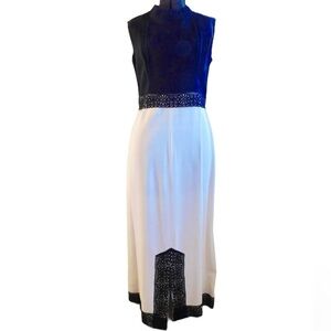 Vintage Montgomery Ward black ivory lace trim mock‎ neck long dress Sz 12 T
